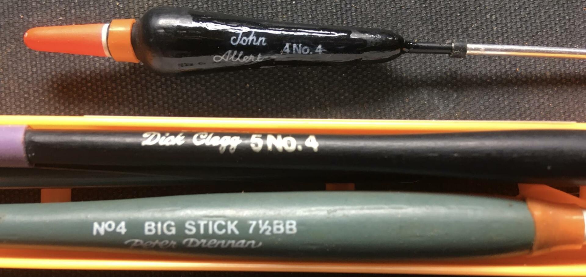 Three stick floats by different manufacturers showing the approximate weight that each float will carry.  The two upper floats clearly show how many No4 shot they carry.  Rather confusingly the Drennan float at the bottom is a No4 Big Stick and the weight it carries is shown as the number of BB shot required.
